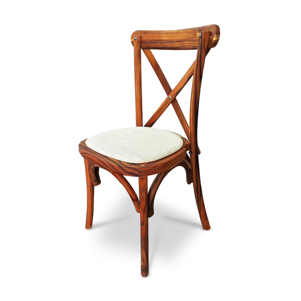 Silla Crossback de teca para exteriores con asiento tapizado para eventos y restaruantes