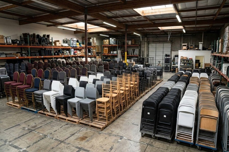 Mobiliario para eventos en almacén.