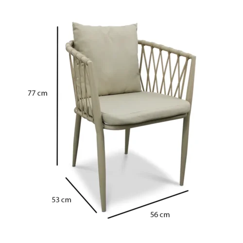 Silla Holbox metálica de acero tubular inoxidable, pintura electroestática. Asiento con cojín desmontable y respaldo tejido con cinta tipo agujeta. Ideal para el sector Horeca.