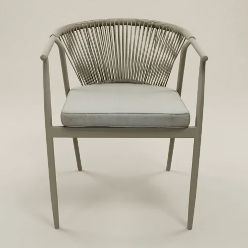 Silla Melodi metálica de acero tubular inoxidable, pintura electroestática. Asiento con cojín desmontable y respaldo tejido con cinta tipo agujeta. Ideal para el sector Horeca. Color marfil.