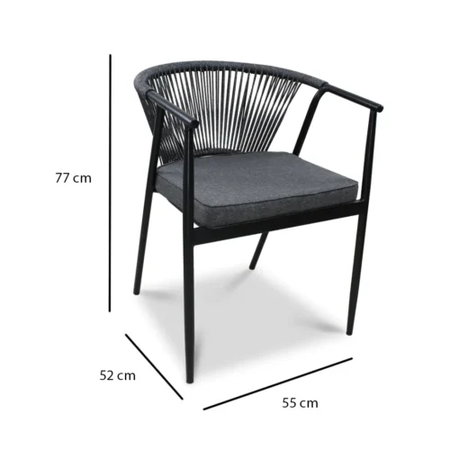 Silla Melodi metálica de acero tubular inoxidable, pintura electroestática. Asiento con cojín desmontable y respaldo tejido con cinta tipo agujeta. Ideal para el sector Horeca.