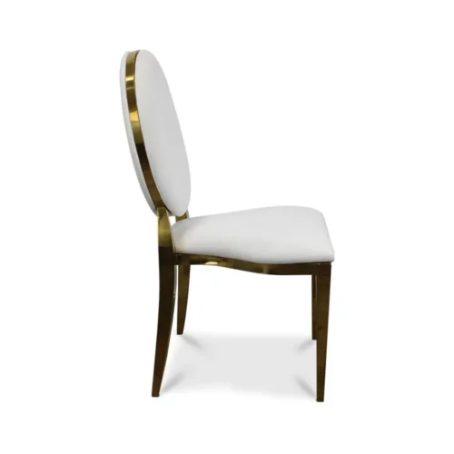 Silla Oval de acero inoxidable, con asiento y respaldo desmontable con tapizado en terciopelo o vinipiel. Ideal para eventos.