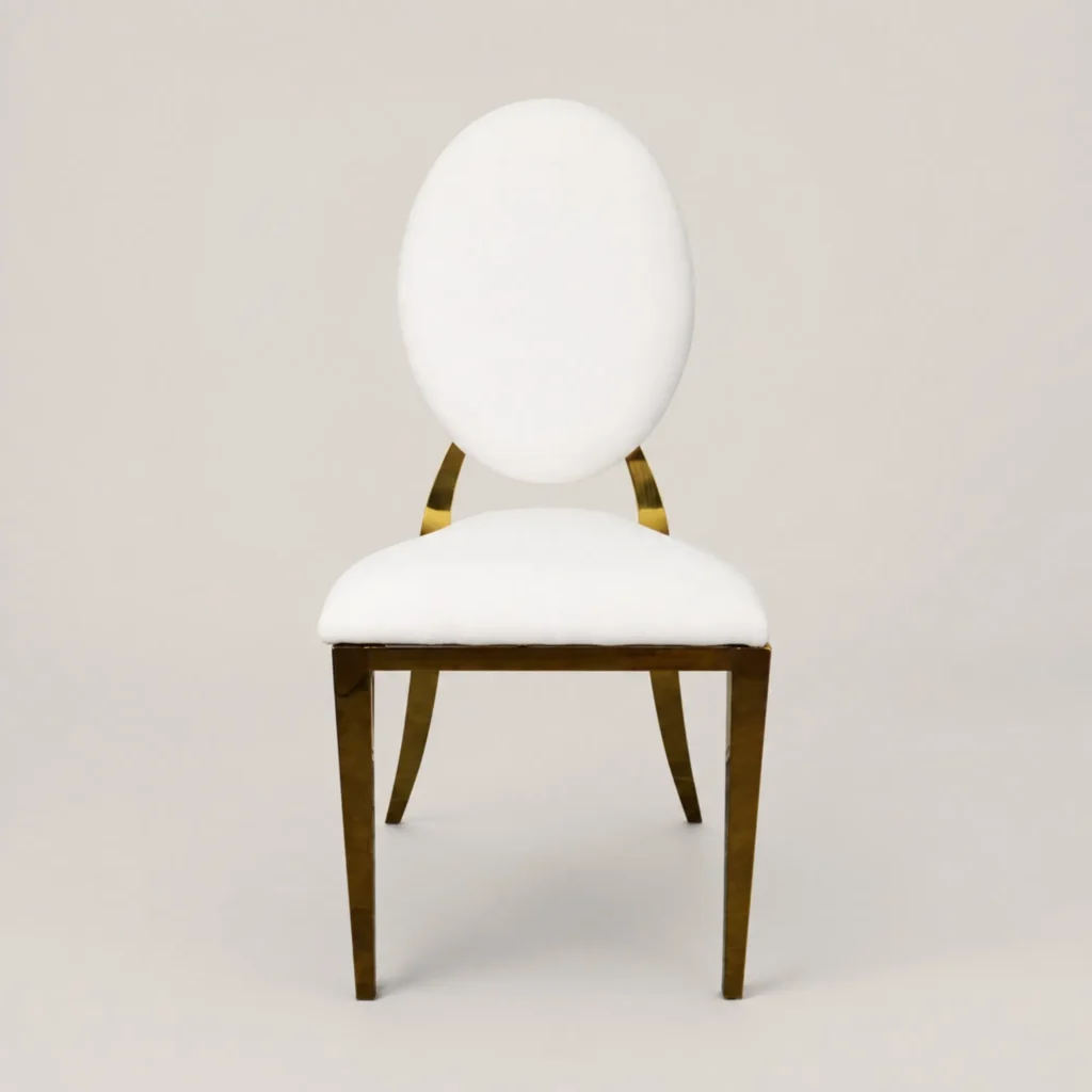 Silla Oval de metal, con respaldo y asiento tapizado en tela o vinipiel. Ideal para eventos.
