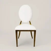 Silla Oval de metal, con respaldo y asiento tapizado en tela o vinipiel. Ideal para eventos.