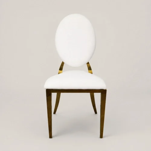 Silla Oval de metal, con respaldo y asiento tapizado en tela o vinipiel. Ideal para eventos.