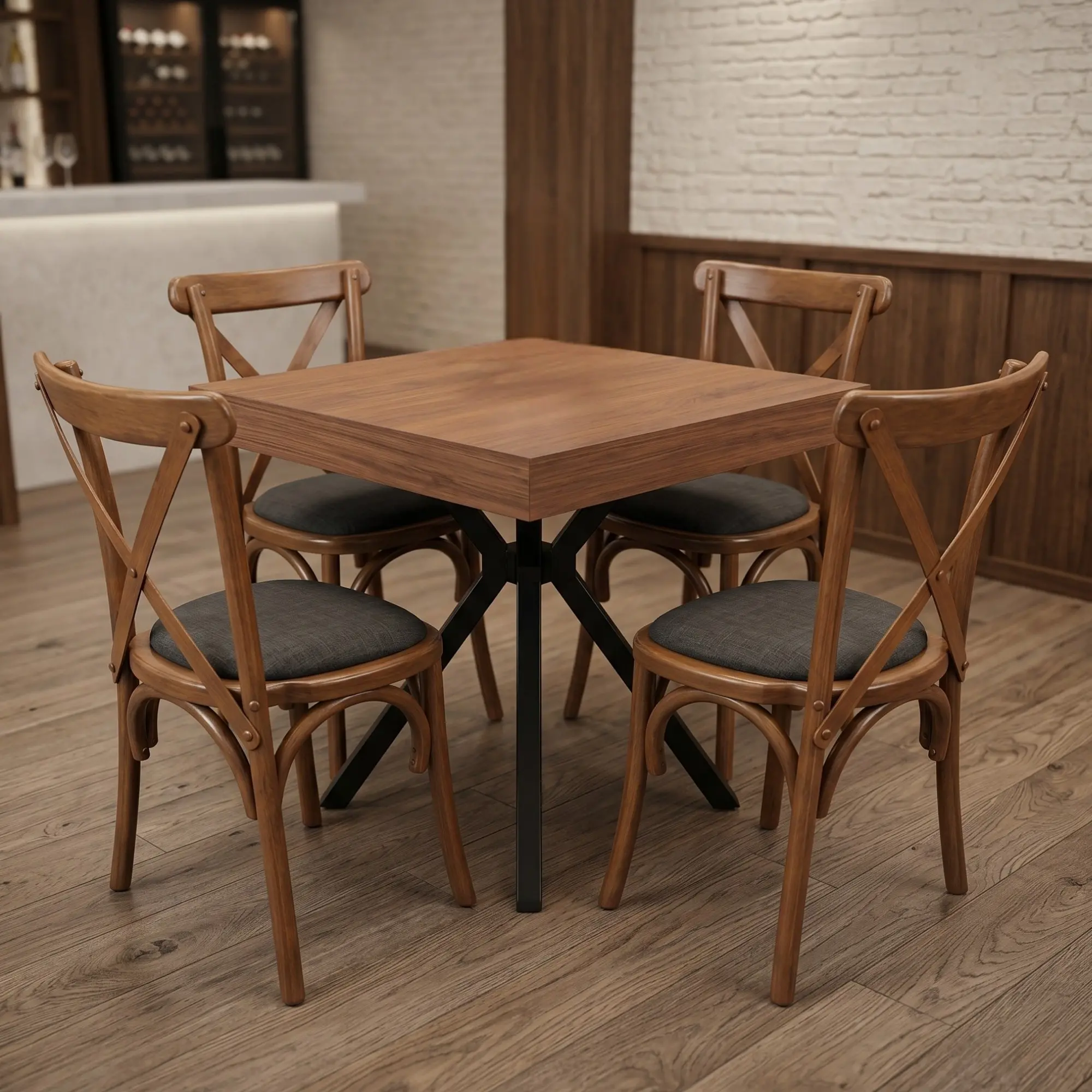 Montaje paquete de mesas base FT y sillas Crossback para restaurantes