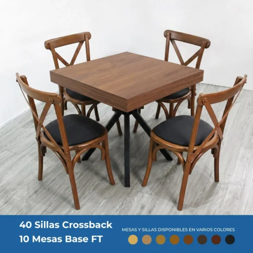 Paquete de 40 sillas Crossback y 10 mesas base FT para restaurantes.