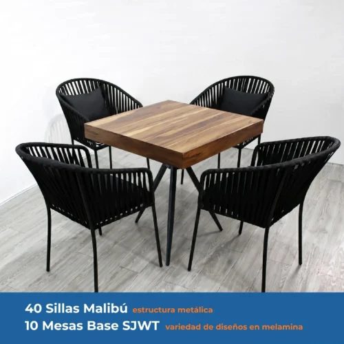 Paquete de 40 sillas Malibú y 10 mesas base SJWT para restaurantes.
