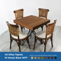 Paquete de 40 sillas Tejeda y 10 mesas base WPT para restaurantes.