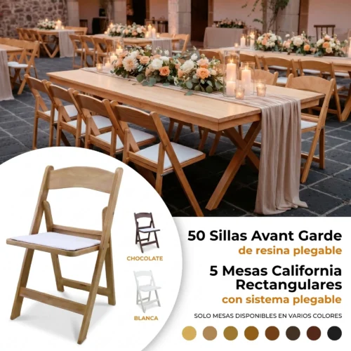 Paquete de 50 sillas Avant Garde y 5 mesas California para eventos.