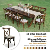 Paquete de 50 sillas Crossback y 5 mesas California para eventos.