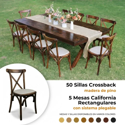 Paquete de 50 sillas Crossback y 5 mesas California para eventos.