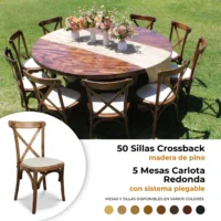 Paquete de 50 sillas Crossback y 5 mesas Carlota para eventos.