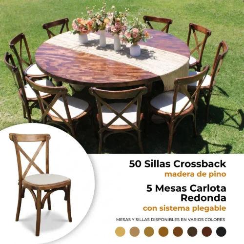 Paquete de 50 sillas Crossback y 5 mesas Carlota para eventos.