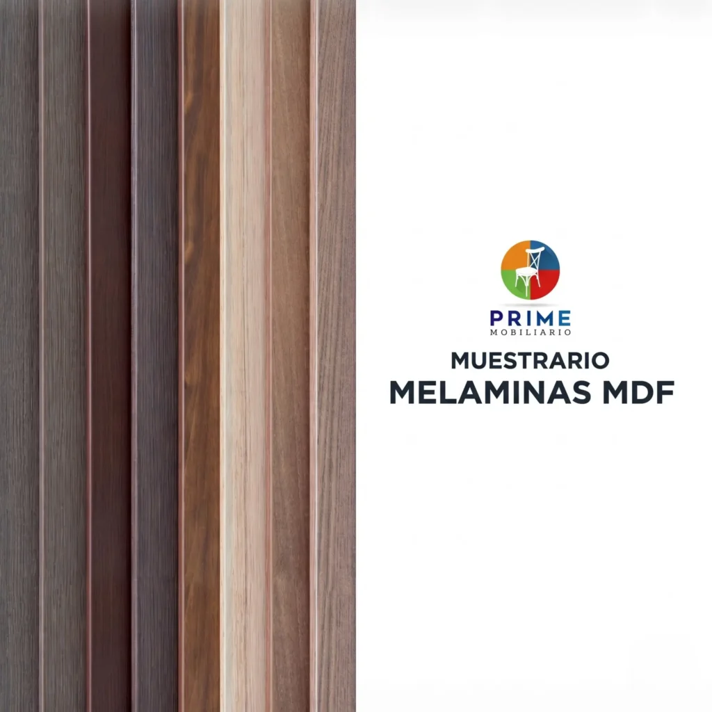 Muestrario de melaminas MDF, variedad de colores y diseños para cubiertas de mesas.