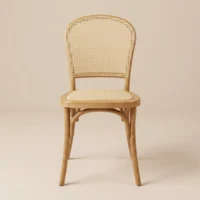 Silla Alauda de resina. Respaldo de bejuco sintético y asiento tapizado con ratán sintético. Ideal para exteriores.
