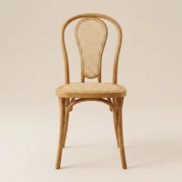 Silla Cibeles de resina con respaldo en bejuco sintético y asiento tapizado con ratán sintético. Ideal para exteriores.