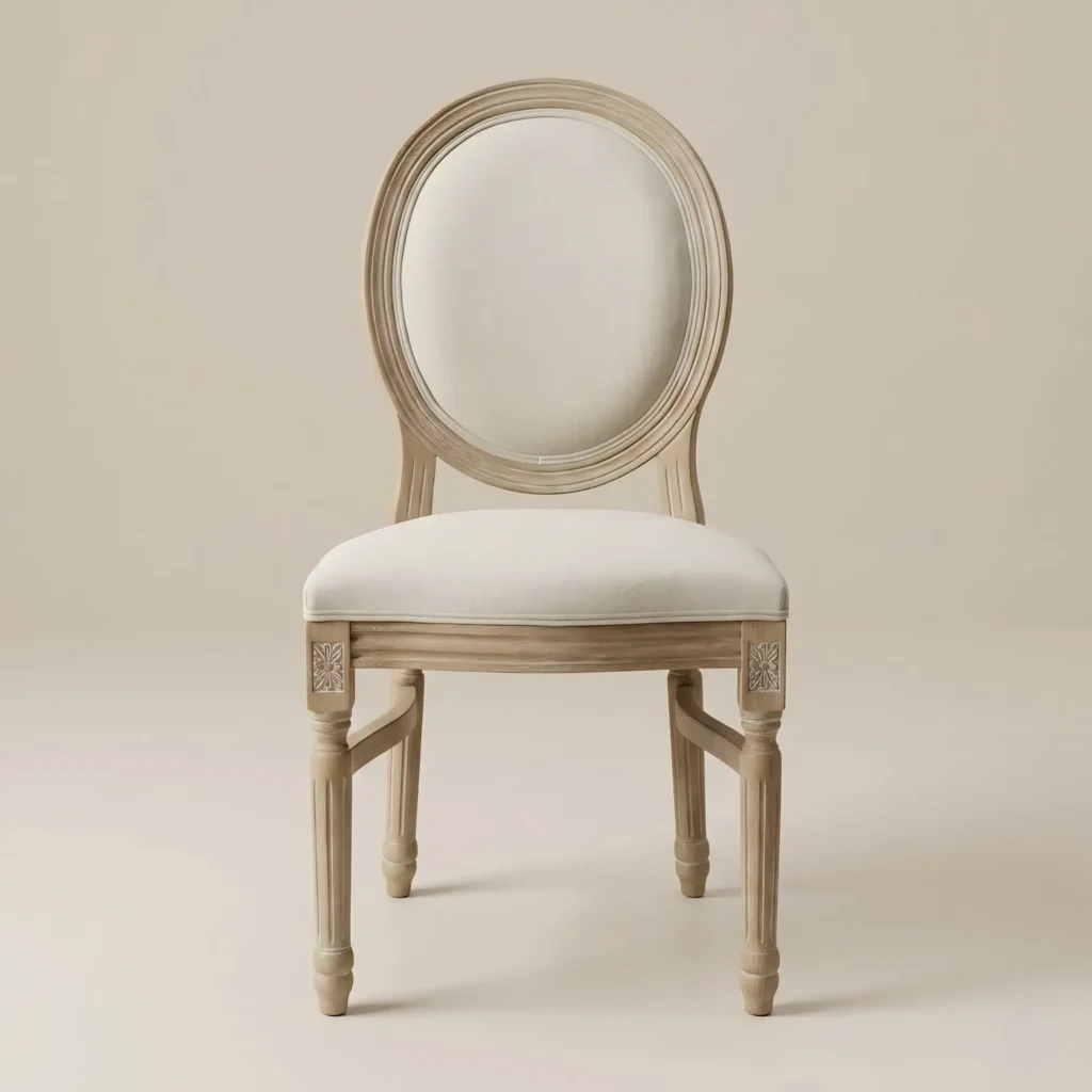 Silla Luis XV de resina con respaldo y asiento tapizado. Ideal para eventos en el exterior.