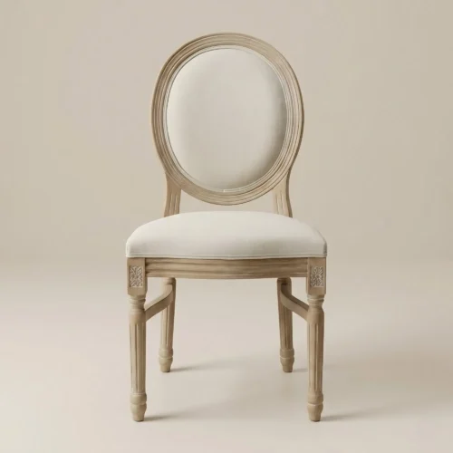 Silla Luis XV de resina con respaldo y asiento tapizado. Ideal para eventos en el exterior.