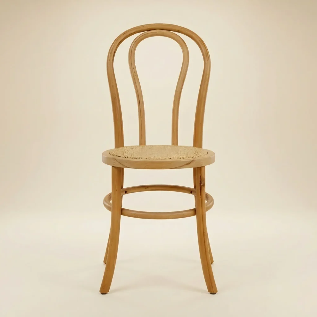 Silla Thonet de madera de haya con asiento tapizado en ratán natural. Ideal para el sector de eventos y horeca.