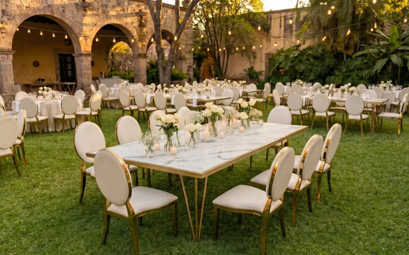 Mesa larga con sillas blancas y doradas en un jardín con luces