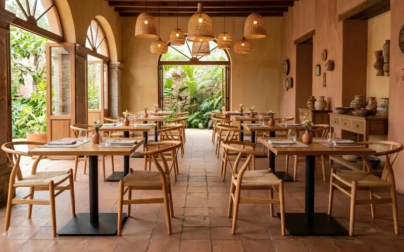 Comedor con mesas y sillas de madera bajo lámparas de fibra